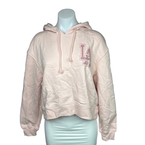 NEW Primark Light Pink Los Angeles Pullover Hoodie Crop Fleece Sweatshirt Size S - Picture 1 of 9